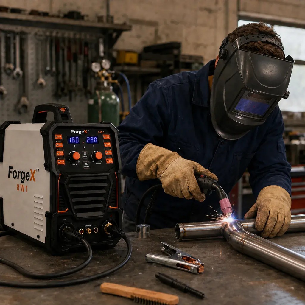 ForgeX welding a stainless steel pipe T-joint on the workbench